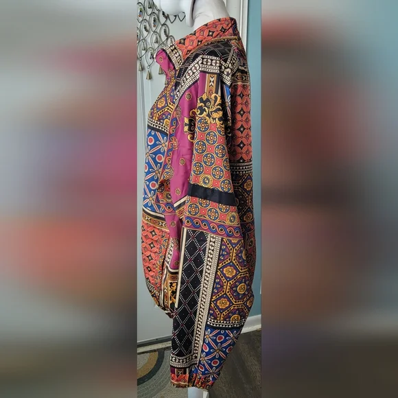 Urban Outfitters Scarf Print Bomber Jacket Mens L Multi Color Satiny Baggy ZipUp - Picture 3 of 15